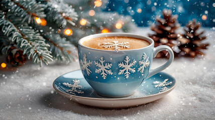 A mug with snowflakes with hot cocoa or coffee on the table. The drink is steaming. A cozy photo in soft, warm white and blue tones. The concept of harmony and comfort of Christmas and winter.