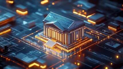 Obraz premium A digital rendering of a modern bank building surrounded by circuit-like patterns and glowing elements.