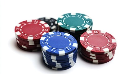 Stacked Poker Chips in Various Colors on a White Background for Gambling and Casino Theme Visuals, Ideal for Game Nights and Betting Promotions
