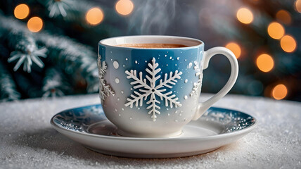 A mug with snowflakes with hot cocoa or coffee on the table. The drink is steaming. A cozy photo in soft, warm white and blue tones. The concept of harmony and comfort of Christmas and winter.