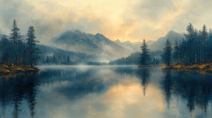 Fototapeta premium Misty Highland Loch at Dawn, tranquil waters reflecting soft hues, surrounded by rugged hills and a serene, ethereal atmosphere.
