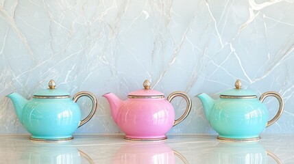 Fototapeta premium Elegant Vintage Teapots in Pastel Colors Displayed Against a Light Marble Background, Perfect for Home Decor and Tea Enthusiasts