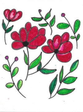Red,pink hand drawinf flowers and leaves
