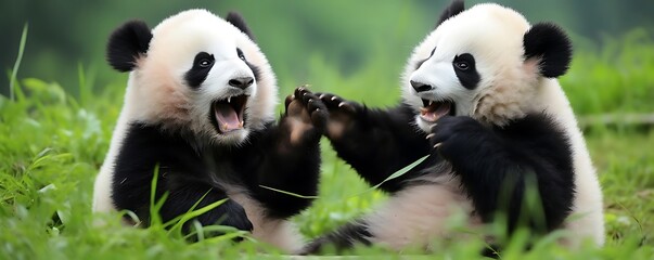 Fototapeta premium Playful Panda Cubs in Lush Green Grass