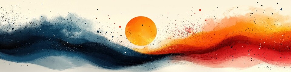 Abstract landscape featuring a vibrant sun and flowing colors.