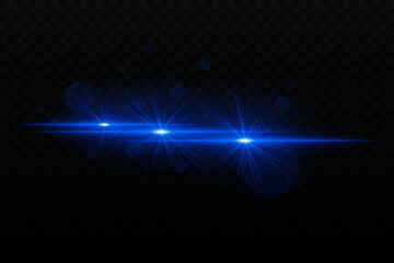 Bright blue neon light with glare and lens flare effects. Three focused light beams with radiant glow and bokeh particles on a dark background