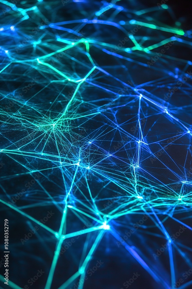 Poster abstract digital network visualization with blue and green lines representing connections and data f