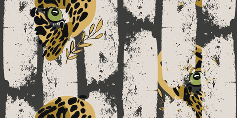 Vector animal print. Seamless leopard and tropical elements. Pattern design for fabric and textile, packaging, web and social media design
