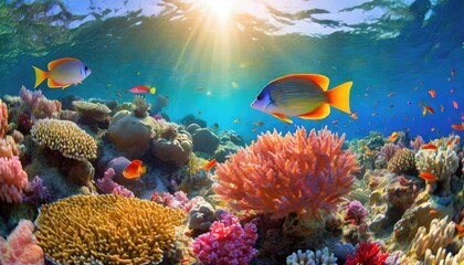 Vibrant underwater scene with colorful corals and tropical fish in a reef.