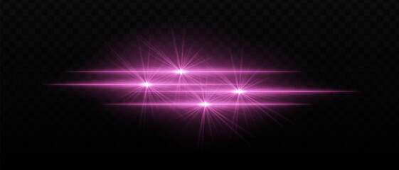 Bright purple light beams with star-like bursts and radiant glow. Horizontal light streaks and glare on dark background, creating a vibrant illumination effect