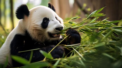 Obraz premium Panda Eating Bamboo in a Lush Green Forest