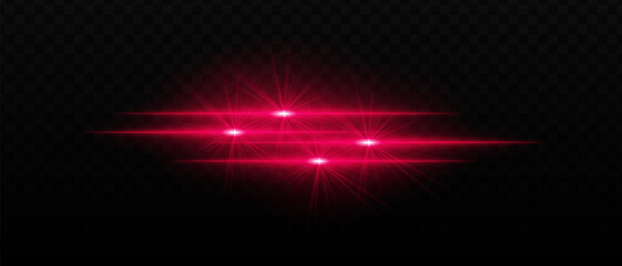 Bright red light beams with star-like bursts and radiant glow. Horizontal light streaks and glare on dark background, creating a vibrant illumination effect