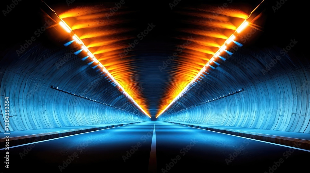 Poster Illuminated tunnel with vibrant lights creating a dynamic visual effect.