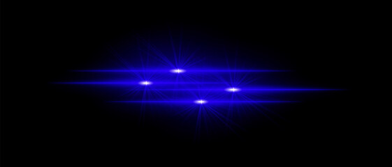 Obraz premium Bright blue light beams with star-like bursts and radiant glow. Horizontal light streaks and glare on dark background, creating a vibrant illumination effect