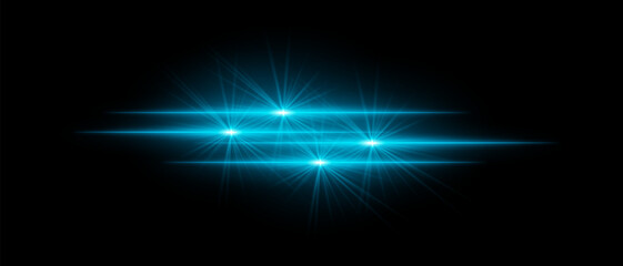 Bright blue light beams with star-like bursts and radiant glow. Horizontal light streaks and glare on dark background, creating a vibrant illumination effect