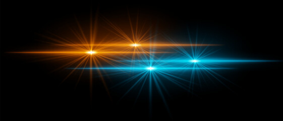 Orange and blue light beams with star-like bursts and radiant glow. Horizontal streaks create intense illumination and contrasting colors on a dark background