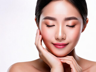 Obraz premium 頬に手を当てて目を閉じて微笑んでいる女性