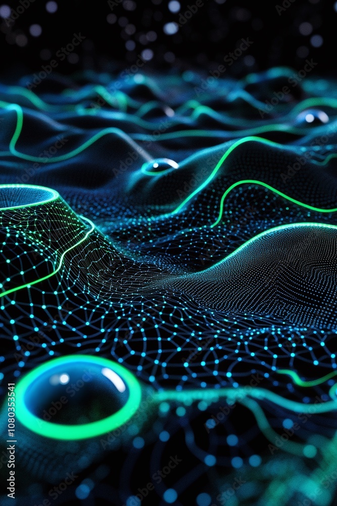 Poster abstract digital waveform with neon colors and geometric patterns creating a futuristic landscape of
