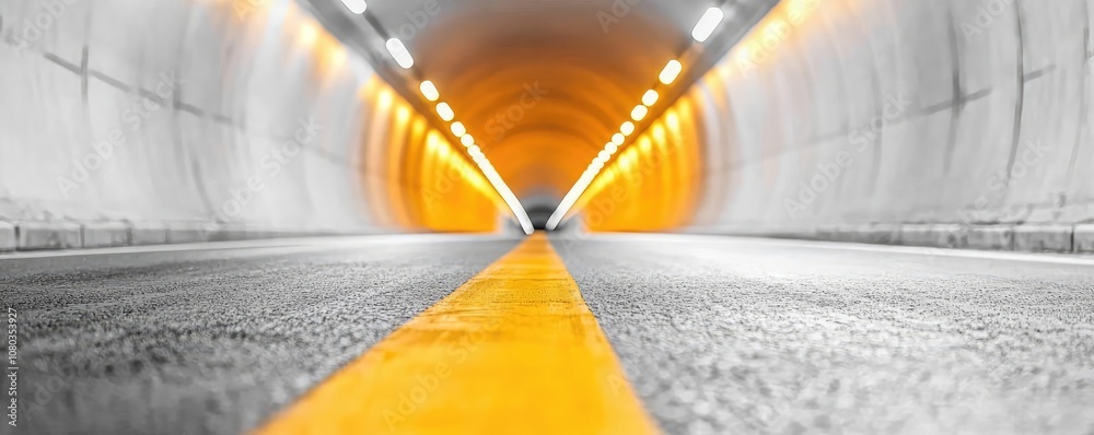 Poster perspective view of a tunnel with bright lights and yellow lines on the road.