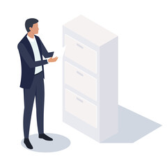 A businessman engaging with a filing cabinet in an isometric view. Vector illustration