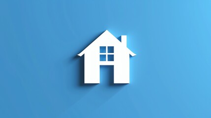 A simple, white house icon with a long shadow on a blue background.