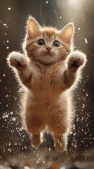Playful Kitten in Mid-Leap with Outstretched Paws Against a Colorful Backdrop Emphasizing Energetic Motion