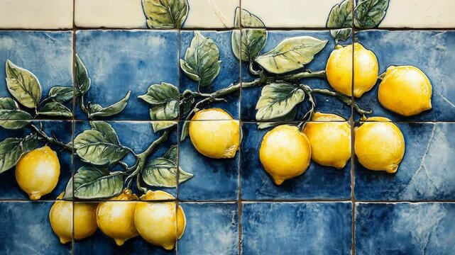 A lemon tree branch painted on blue and white ceramic tiles
