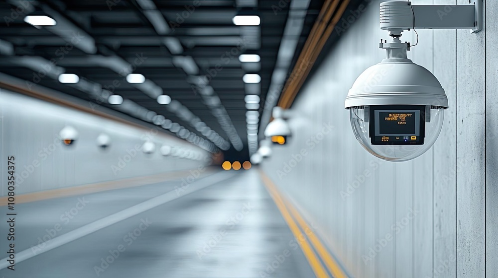Poster surveillance camera in modern urban tunnel, emphasizing security and technology.