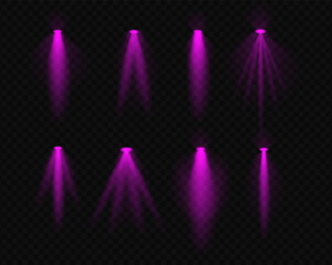 Set white realistic spotlight beams resembling overhead lamps and projector lights with soft glow and light rays on a transparent background. Ideal for highlighting and decorative effects