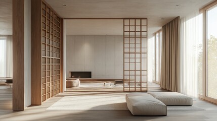 Modern minimalist living room with wood. This photo shows a peaceful and serene space, perfect for showcasing interior design, relaxation, and zen concepts.