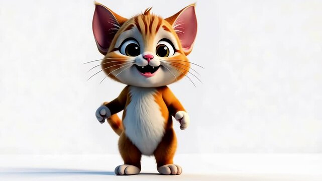 seamless loop animation of happy cat dancing on white background, celebrating winner dance, kitten moving its paws