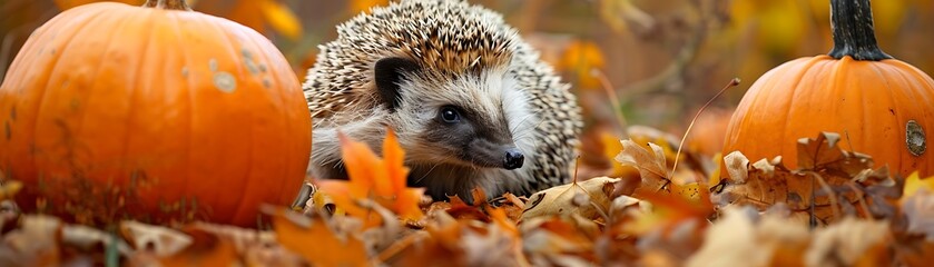 Hedgehog and Pumpkins in Autumn Leaves