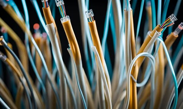 Close-up of a bundle of yellow and blue network cables.