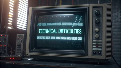 An error message on a high-tech device screen showing 'Technical Difficulties,' with glitching static and white noise effects