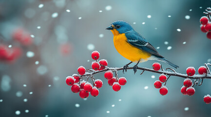Fototapeta premium Colorful bird perched on hawthorn branch with red berries in winter snowfall. Winter scene with beautiful little blue and yellow finch sitting among falling white flurries, standin