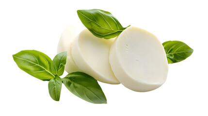 Mozzarella cheese slice with green leaves isolated on a white background