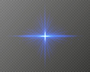 Bright blue light burst with star-shaped rays, sparkling particles, and a horizontal glow on a transparent background. Ideal for adding a radiant flash or glare effect