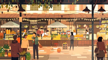 Obraz premium An illustration of a bustling outdoor market with people shopping for fresh produce.