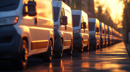 A row of white vans in line with a blurred background, sunset lighting, photorealistic, 