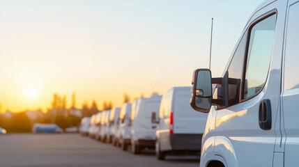 A striking lineup of white delivery vans parked in a row, illuminated by the warm glow of sunset. The sunlight reflects off the sleek surfaces of the vehicles, creating a sense