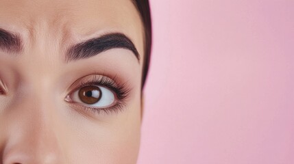 Close-up of a woman's eye and eyebrow against a pink background.