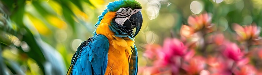 Obraz premium Blue and Gold Macaw Parrot in a Tropical Garden