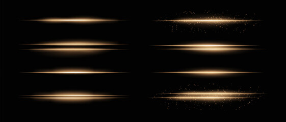 Collection of golden horizontal light beams with glow, sparkles, and subtle particle effects. Radiant lines and glare on a dark background, ideal for adding highlight and intensity