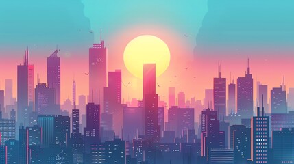 Fototapeta premium A stylized cityscape with tall buildings and a large yellow sun in the sky.