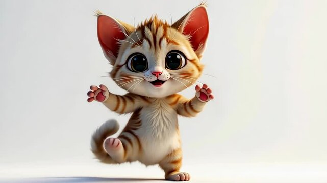 seamless loop animation of happy cat dancing on white background, celebrating winner dance, kitten moving its paws