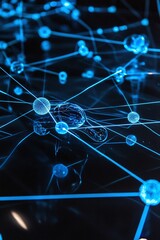 Obraz premium Abstract illustration of interconnected glowing spheres and lines, representing data networks, technology advancements, and digital communications on a dark background.