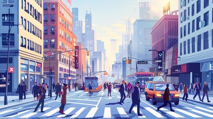 Obraz premium A cartoon illustration of a city street with tall buildings, traffic, and people walking.
