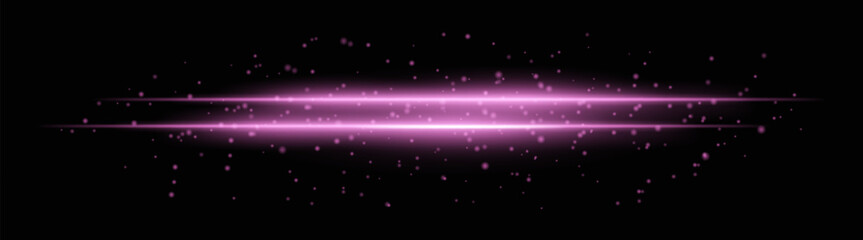 Intense purple horizontal light beams with glowing particles and sparkle effects. Bright radiant lines on a dark background, ideal for adding dramatic highlights