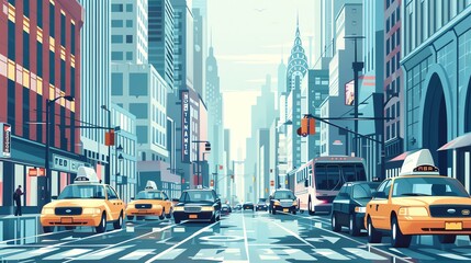 A colorful illustration of a street in New York City with a bus, taxis, and people walking.