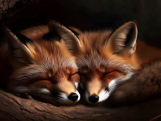 A family of foxes curled up together in their den, capturing a tender moment of rest. Foxes cozying up in their home.


